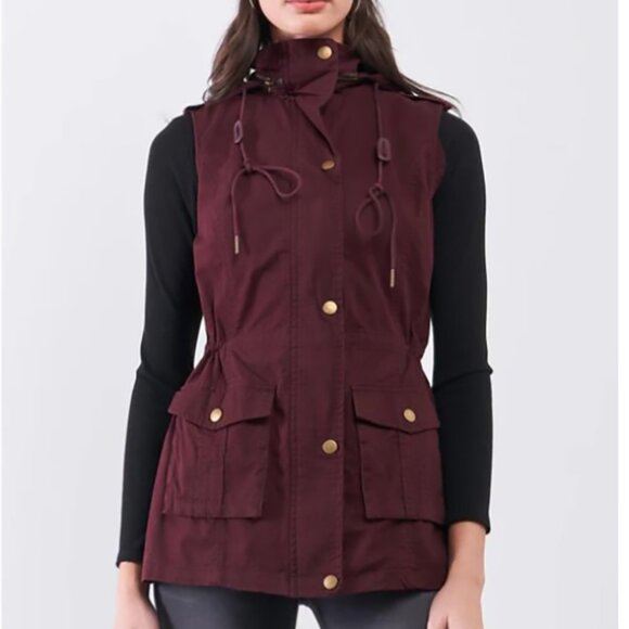 NEW Stella Cruz Burgundy Utility Winter Vest, Detachable Hood, Drawstring Waist - Picture 1 of 6
